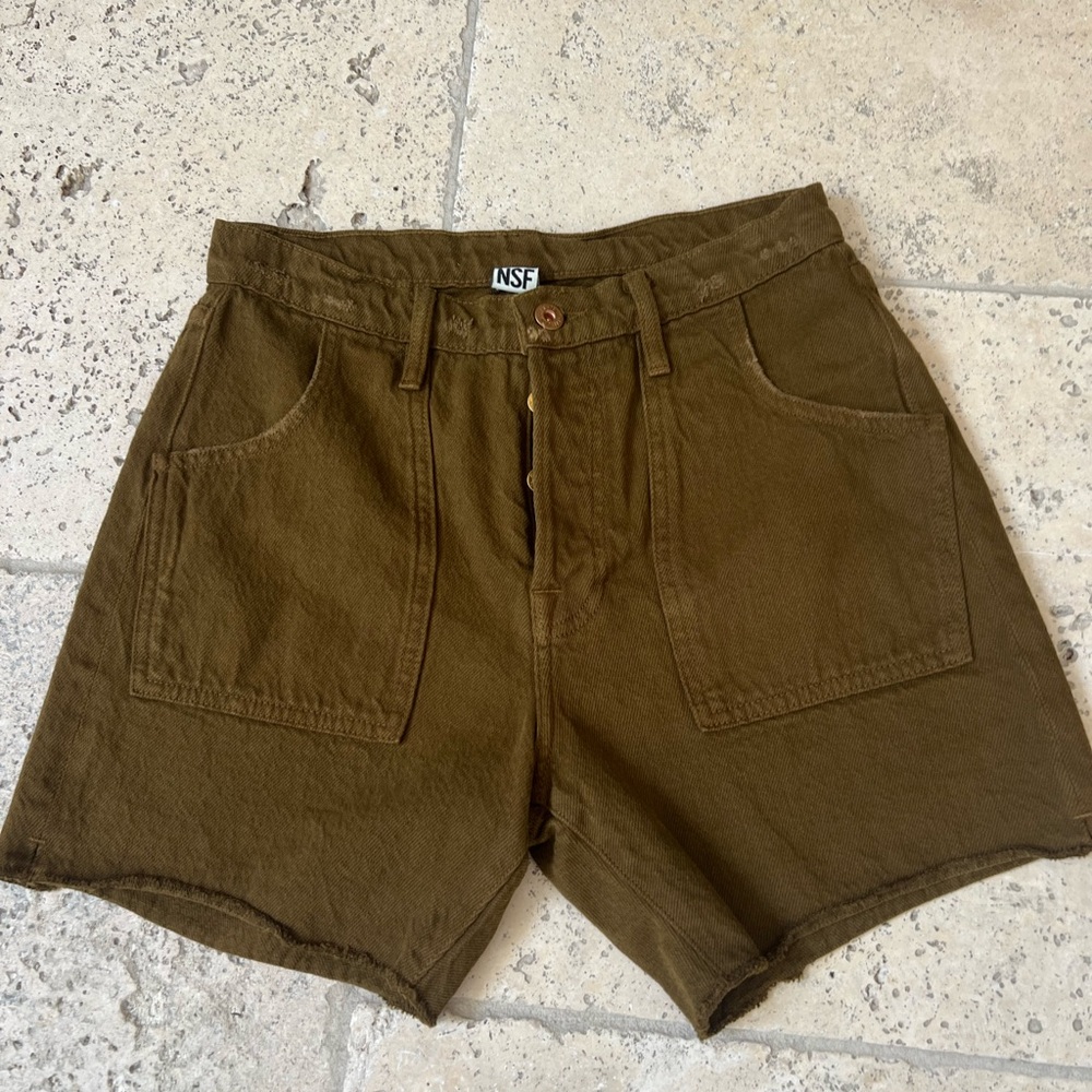 NWT NSF Parre Utility Denim Jean Shorts olive brown  sz 26